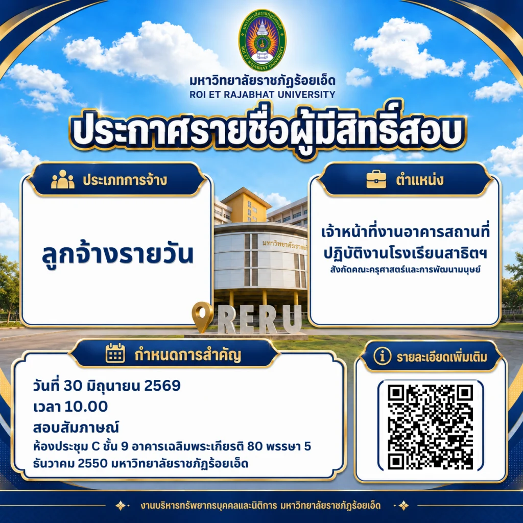 ประกาศรายชื่อผู้มีสิทธิ์สอบคัดเลือก ลูกจ้างรายวันตำแหน่ง เจ้าหน้าที่งานอาคารสถานที่ปฏิบัติงานโรงเรียนสาธิตฯ สังกัดคณะครุศาสตร์และการพัฒนามนุษย์
