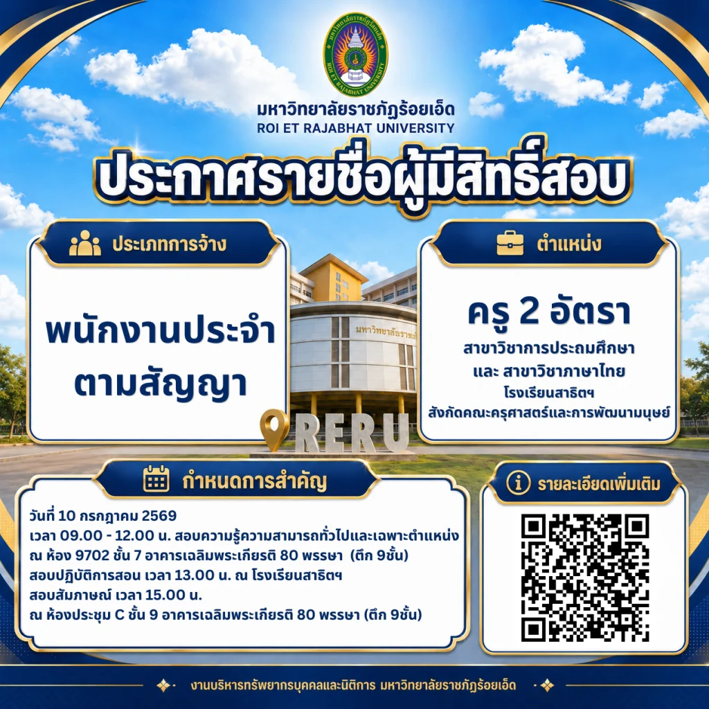 ประกาศรายชื่อผู้มีสิทธิ์สอบคัดเลือกเพื่อบรรจุและแต่งตั้งเป็นพนักงานประจำตามสัญญา ตำแหน่งครู สาขาวิชาการประถมศึกษา และสาขาวิชาภาษาไทย สังกัดโรงเรียนสาธิต คณะครุศาสตร์และการพัฒนามนุษย์