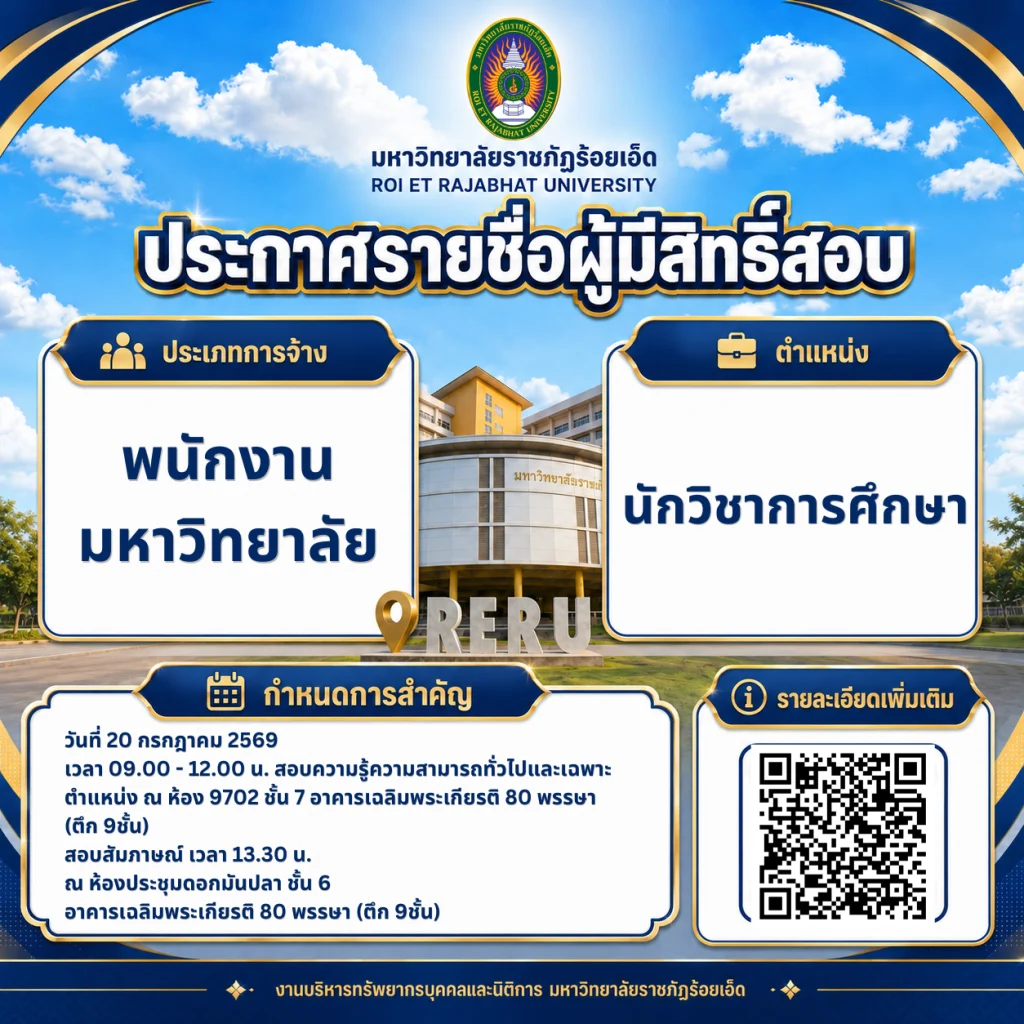 ประกาศรายชื่อผู้มีสิทธิ์สอบคัดเลือกเพื่อบรรจุและแต่งตั้งเป็นพนักงานมหาวิทยาลัย ตำแหน่งนักวิชาการศึกษา