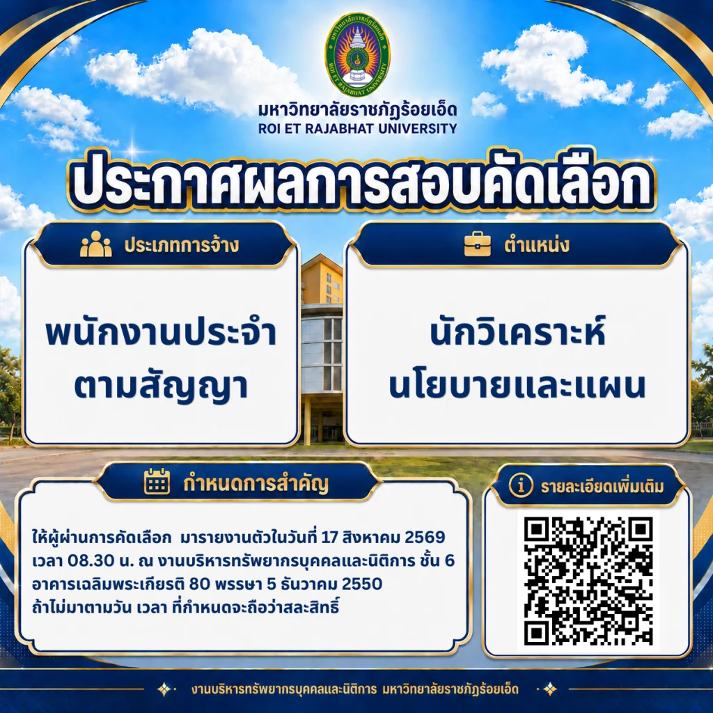 ประกาศผลการสอบคัดเลือกพนักงานประจำตามสัญญา ตำแหน่งนักวิเคราะห์นโยบายและแผน มหาวิทยาลัยราชภัฏร้อยเอ็ด พร้อมกำหนดรายงานตัววันที่ 17 สิงหาคม 2569