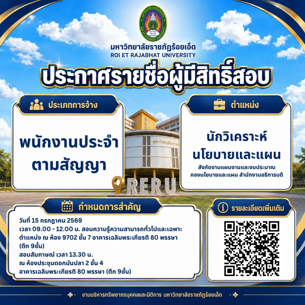ประกาศรายชื่อผู้มีสิทธิ์สอบคัดเลือกเพื่อบรรจุและแต่งตั้งเป็นพนักงานประจำตามสัญญา ตำแหน่งนักวิเคราะห์นโยบายและแผน สังกัดงานแผนงานและงบประมาณ กองนโยบายและแผน สำนักงานอธิการบดี