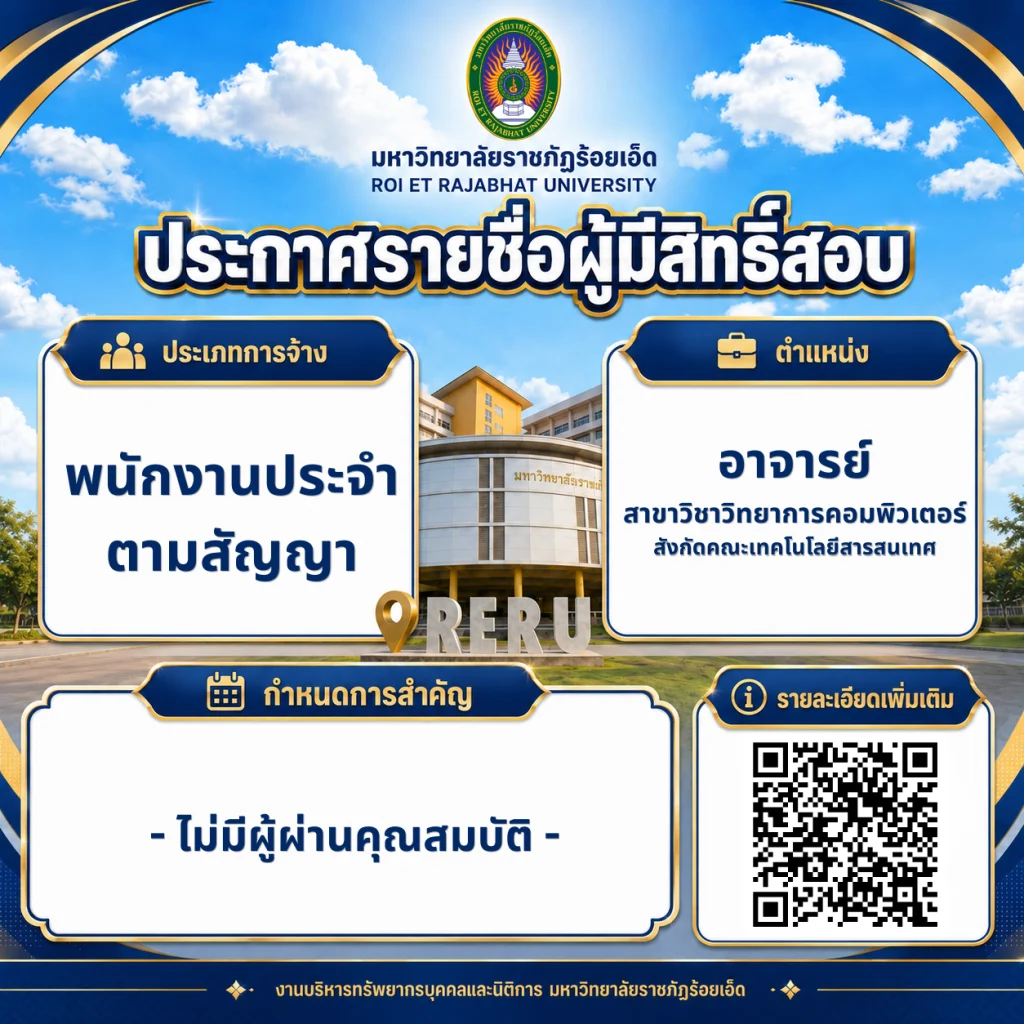 ประกาศรายชื่อผู้มีสิทธิ์สอบคัดเลือกเพื่อบรรจุและแต่งตั้งเป็นพนักงานประจำตามสัญญา ตำแหน่งอาจารย์ สาขาวิชาวิทยาการคอมพิวเตอร์ สังกัดคณะเทคโนโลยีสารสนเทศ (ไม่มีผู้มีสิทธิ์สอบ)