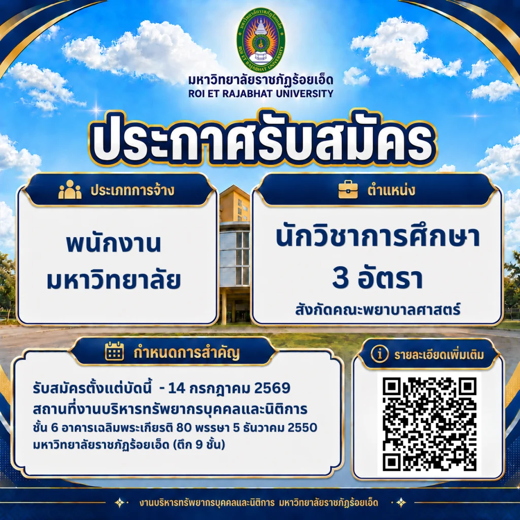 มหาวิทยาลัยราชภัฏร้อยเอ็ด รับสมัครพนักงานมหาวิทยาลัย ตำแหน่งนักวิชาการศึกษา 3 อัตรา สังกัดคณะพยาบาลศาสตร์ เปิดรับสมัครถึงวันที่ 14 กรกฎาคม 2569