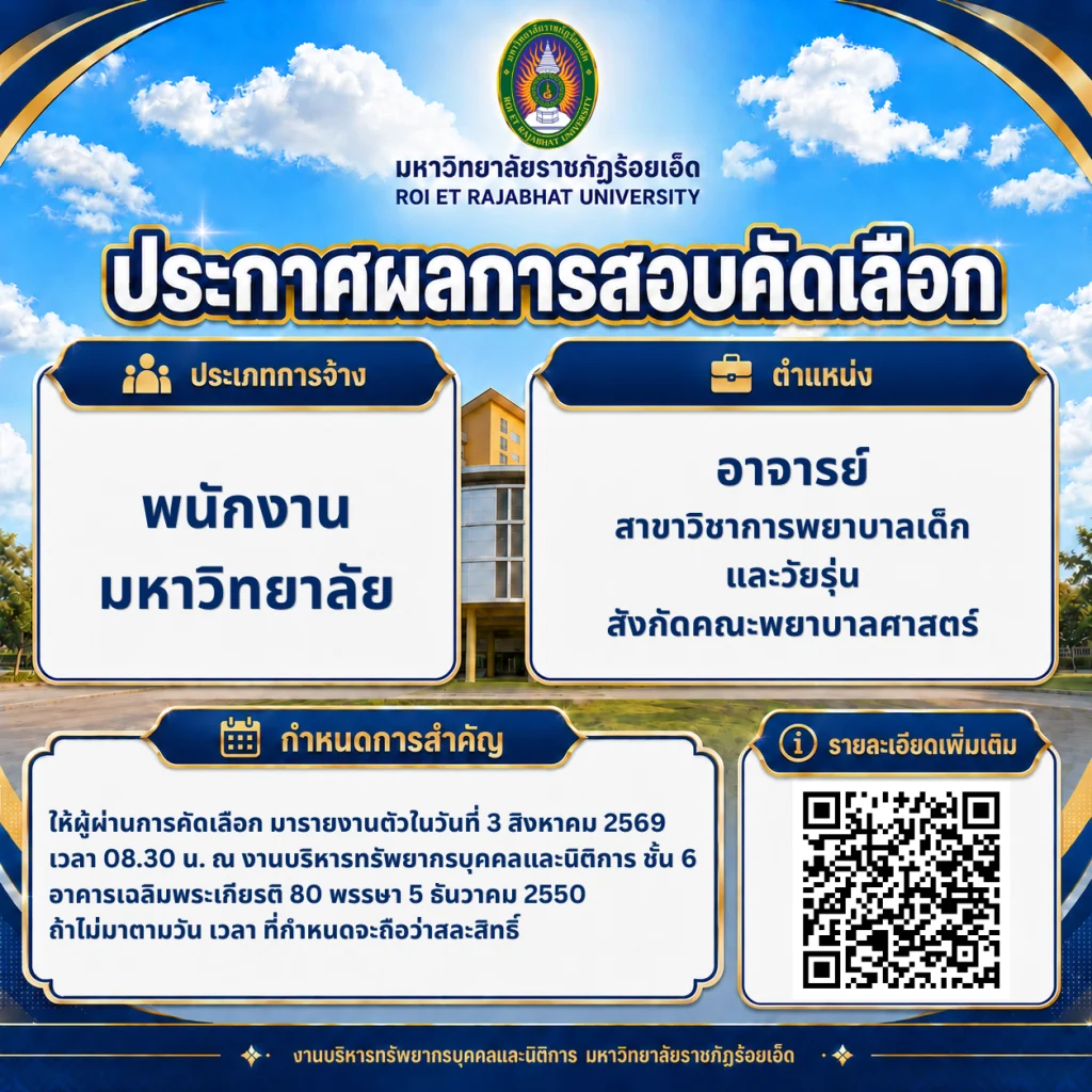 ประกาศผลการสอบคัดเลือกพนักงานมหาวิทยาลัย ตำแหน่งอาจารย์ สาขาวิชาการพยาบาลเด็กและวัยรุ่น คณะพยาบาลศาสตร์ มหาวิทยาลัยราชภัฏร้อยเอ็ด พร้อมกำหนดรายงานตัววันที่ 3 สิงหาคม 2569