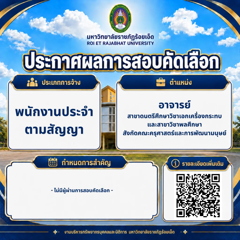 ประกาศผลการสอบคัดเลือกพนักงานประจำตามสัญญา ตำแหน่งอาจารย์ สาขาดนตรีศึกษา วิชาเอกเครื่องกระทบ และสาขาวิชาพลศึกษา โดยไม่มีผู้ผ่านการคัดเลือก