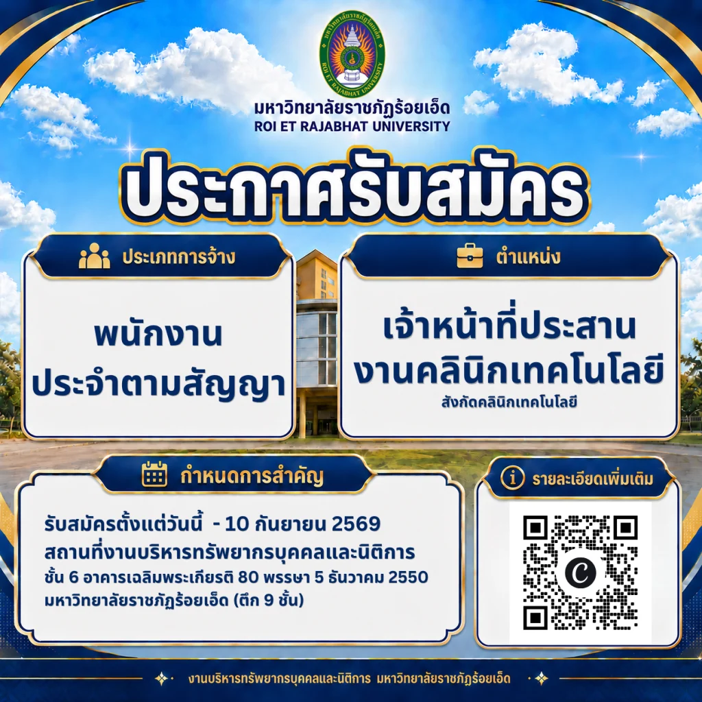 มหาวิทยาลัยราชภัฏร้อยเอ็ด เปิดรับสมัครบุคคลเพื่อคัดเลือกเป็นพนักงานประจำตามสัญญา ตำแหน่งเจ้าหน้าที่ประสานงานคลินิกเทคโนโลยี สังกัดคลินิกเทคโนโลยี
