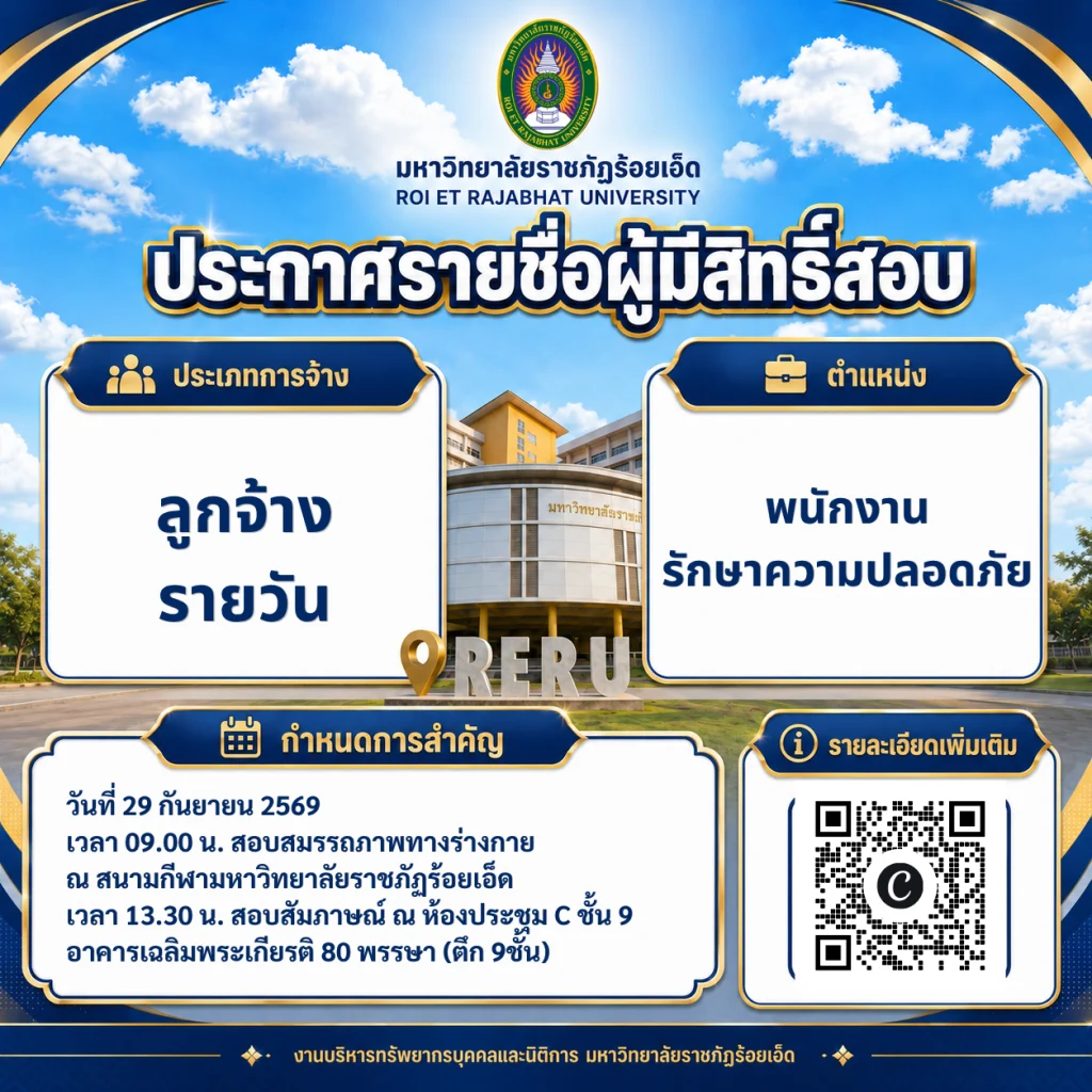 กำหนดการสอบคัดเลือกลูกจ้างรายวันตำแหน่ง พนักงานรักษาความปลอดภัยมหาวิทยาลัยราชภัฏร้อยเอ็ด