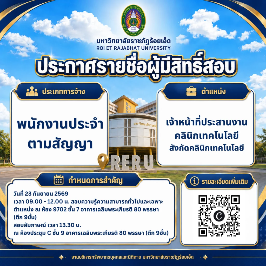มหาวิทยาลัยราชภัฏร้อยเอ็ดประกาศรายชื่อผู้มีสิทธิ์สอบคัดเลือกเพื่อเป็นพนักงานประจำตามสัญญาตำแหน่ง เจ้าหน้าที่ประสานงานคลินิกเทคโนโลยีสังกัด คลินิกเทคโนโลยี