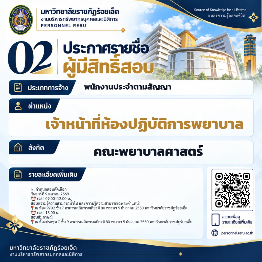 ประกาศรายชื่อผู้มีสิทธิ์สอบคัดเลือกบุคคลเพื่อบรรจุเป็น พนักงานประจำตามสัญญา ตำแหน่ง: เจ้าหน้าที่ห้องปฏิบัติการพยาบาล